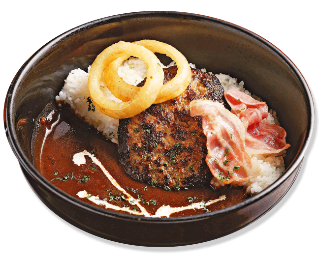 オーシャンテラス 新産店のアメリカンハンバーグ黒カレー(ガーリックポテト付き)